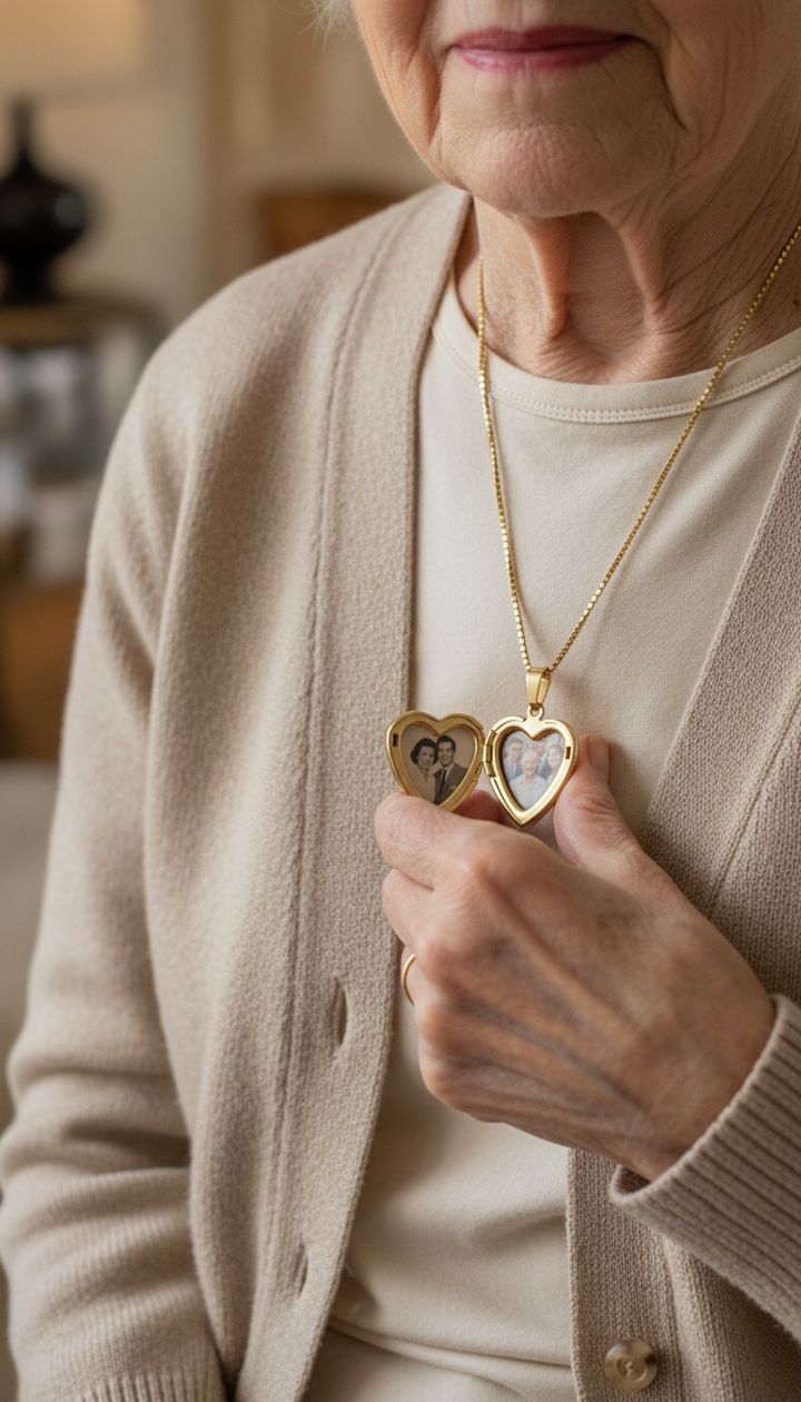 Grandmother wearing a gold heart locket with family photos